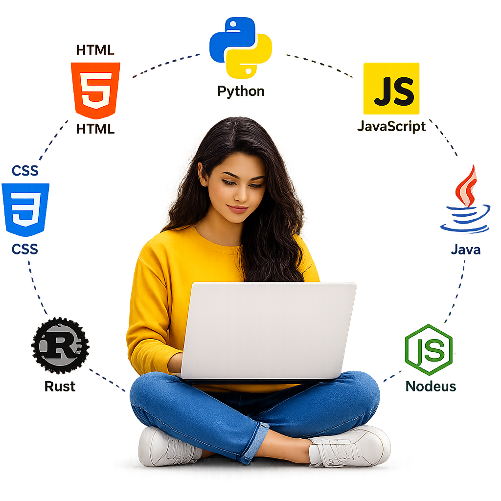 Developer learning multiple programming languages including HTML, CSS, JavaScript, Python, Java, Rust, and Node.js on a laptop.